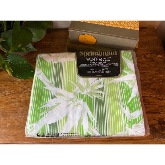 New Deadstock Vintage Springmaid Green Bamboo Stripe Twin Sheets and Pillowcases - Picture 2 of 6